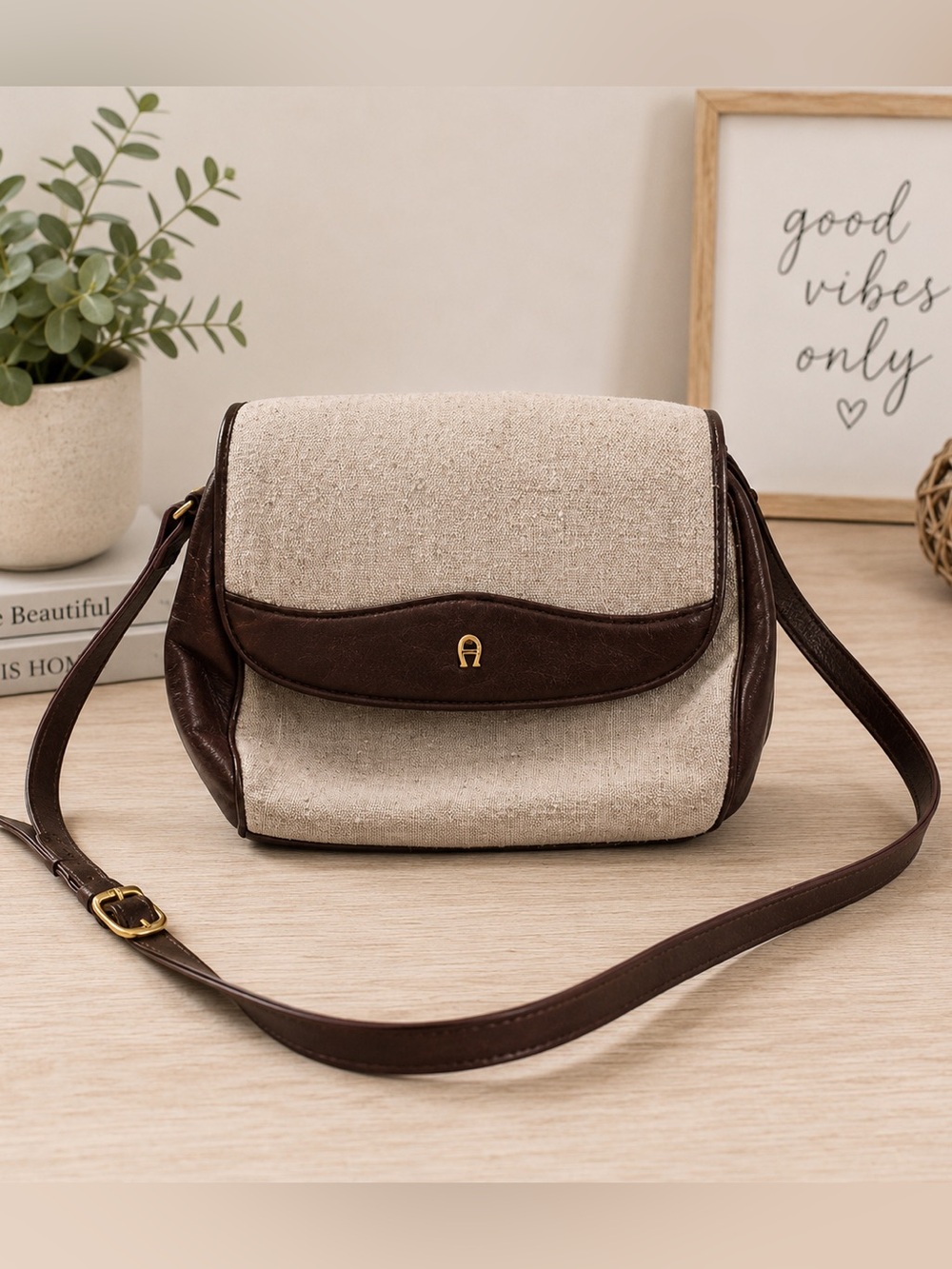 Beige Aigner Canvas and Burgundy Leather Crossbody Bag
